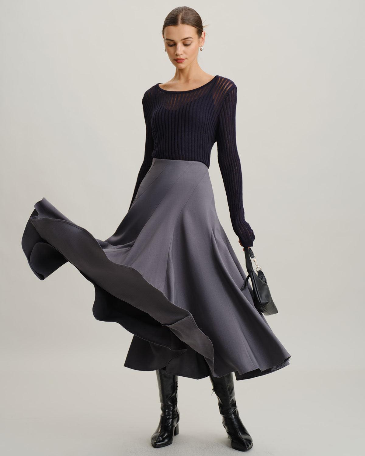 Grey High Waisted Pleated Midi Skirt Product Image