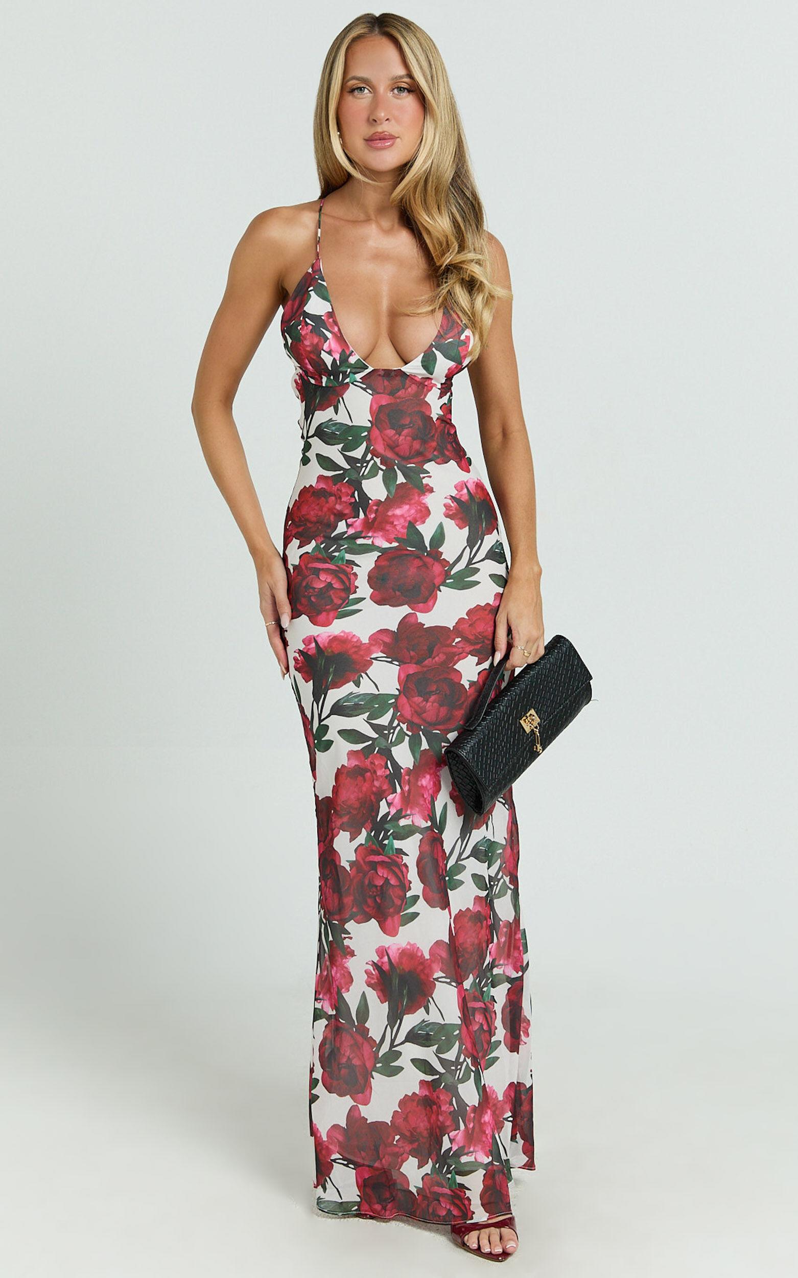 Lenny Maxi Dress - Bias Slip Lace Up Back Dress in Rose Blanca Floral Product Image