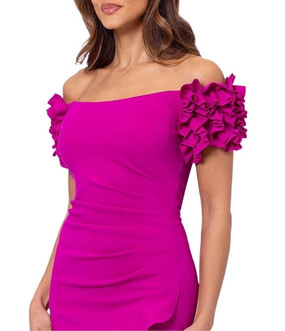 Xscape 3D Ruffle Off-the-Shoulder Ruffle Front Ruched Detail Midi Dress Product Image