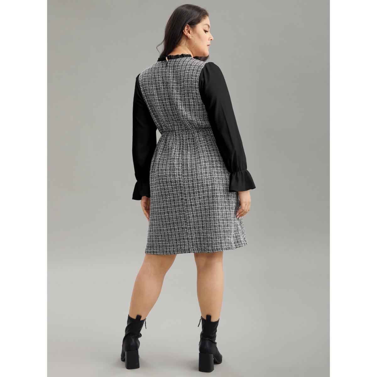 Plus Size Plaid Patchwork Ruffle Trim Knee Dress Black Women Office Texture Mock Neck Long Sleeve Curvy Knee Dress BloomChic 10/M Product Image