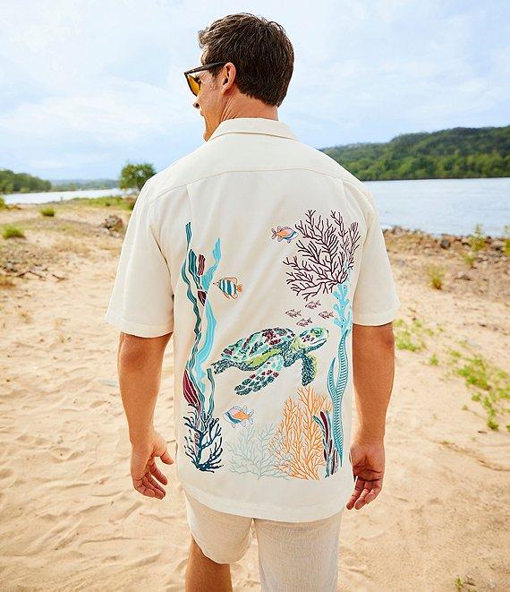 Caribbean Coral Reef Turtle Print Embroidery Short Sleeve Woven Camp Shirt Product Image