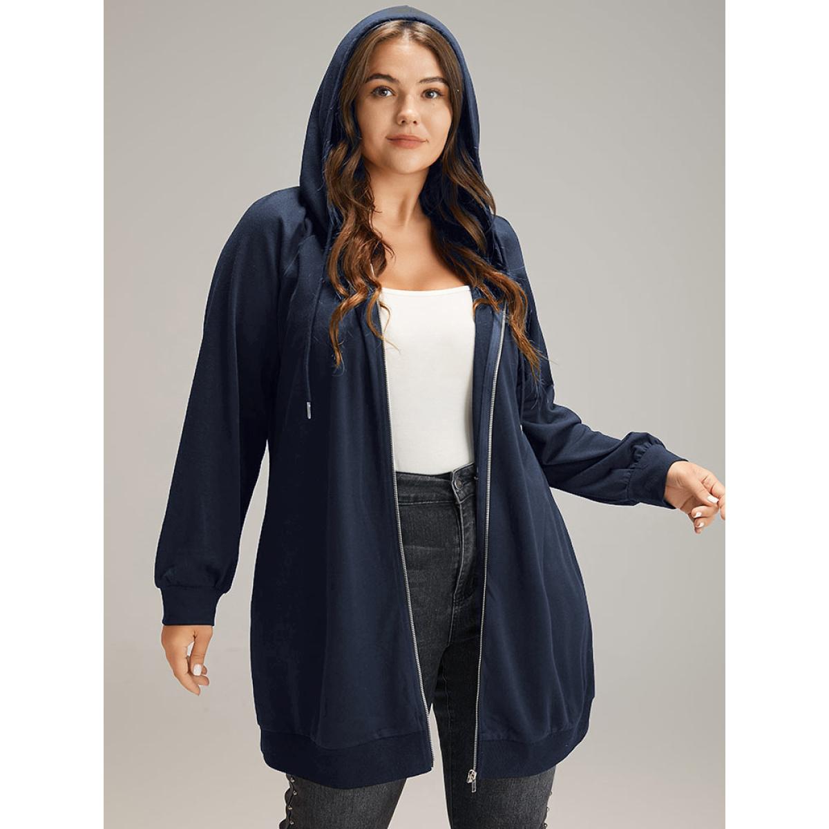 Plus Size Plain Zipper Hooded Drawstring Pocket Sweatshirt Women DarkGreen Casual Plain Hooded Dailywear Sweatshirts BloomChic 26/4X Product Image