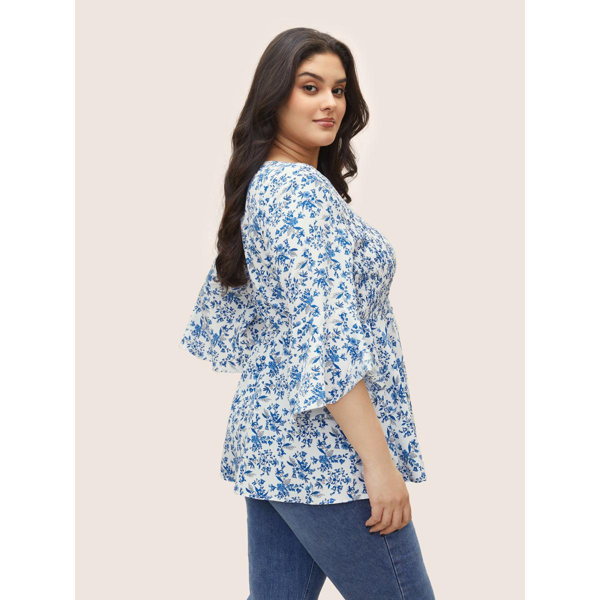 Plus Size White Ditsy Floral Shirred Ruffle Sleeve Blouse Women Elegant Elbow-length sleeve V-neck Everyday Blouses BloomChic 14-16/1X Product Image