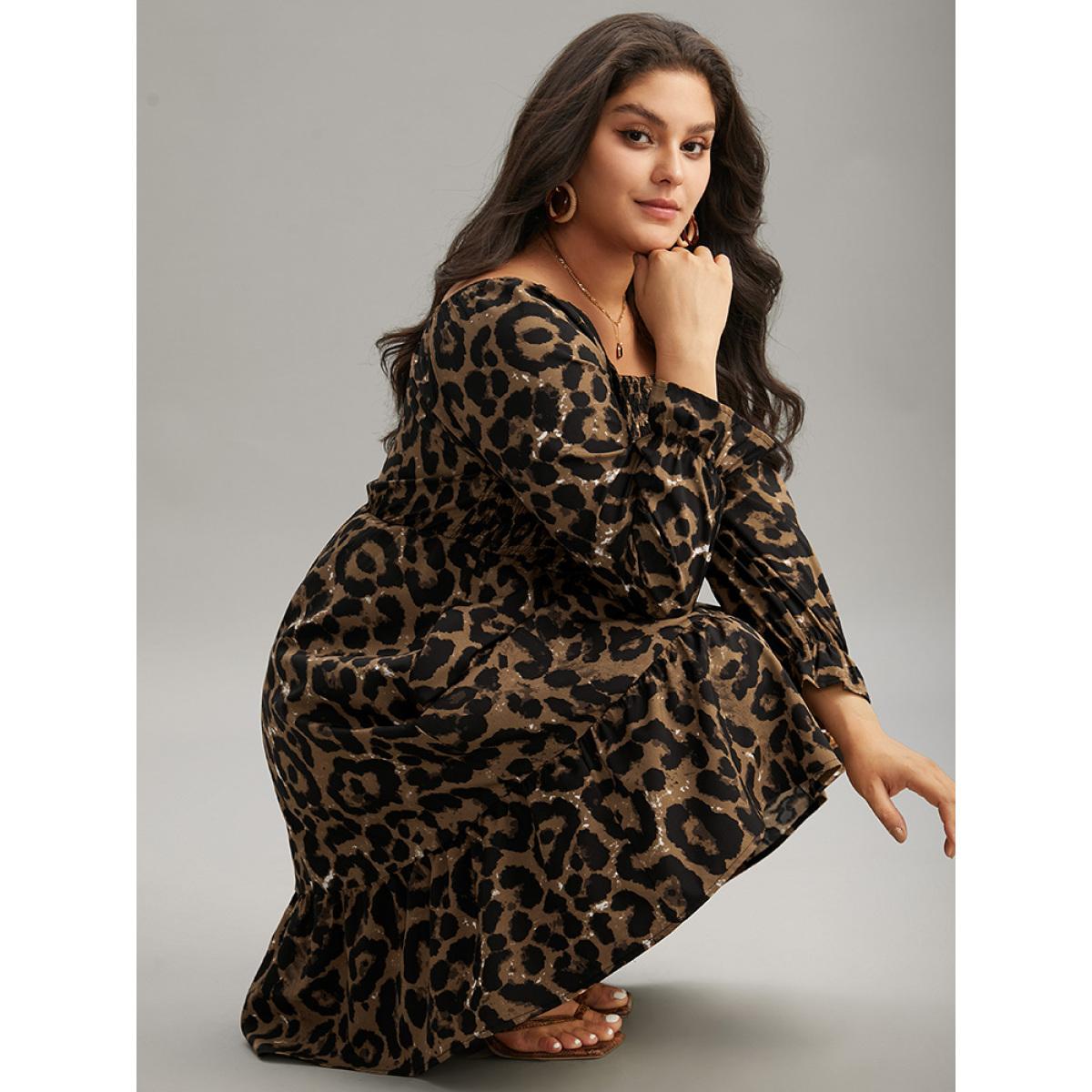 Plus Size Square Neck Leopard Shirred Ruffles Dress Leopard Women Elegant Gathered Square Neck Long Sleeve Curvy Knee Dress BloomChic 26/4X Product Image
