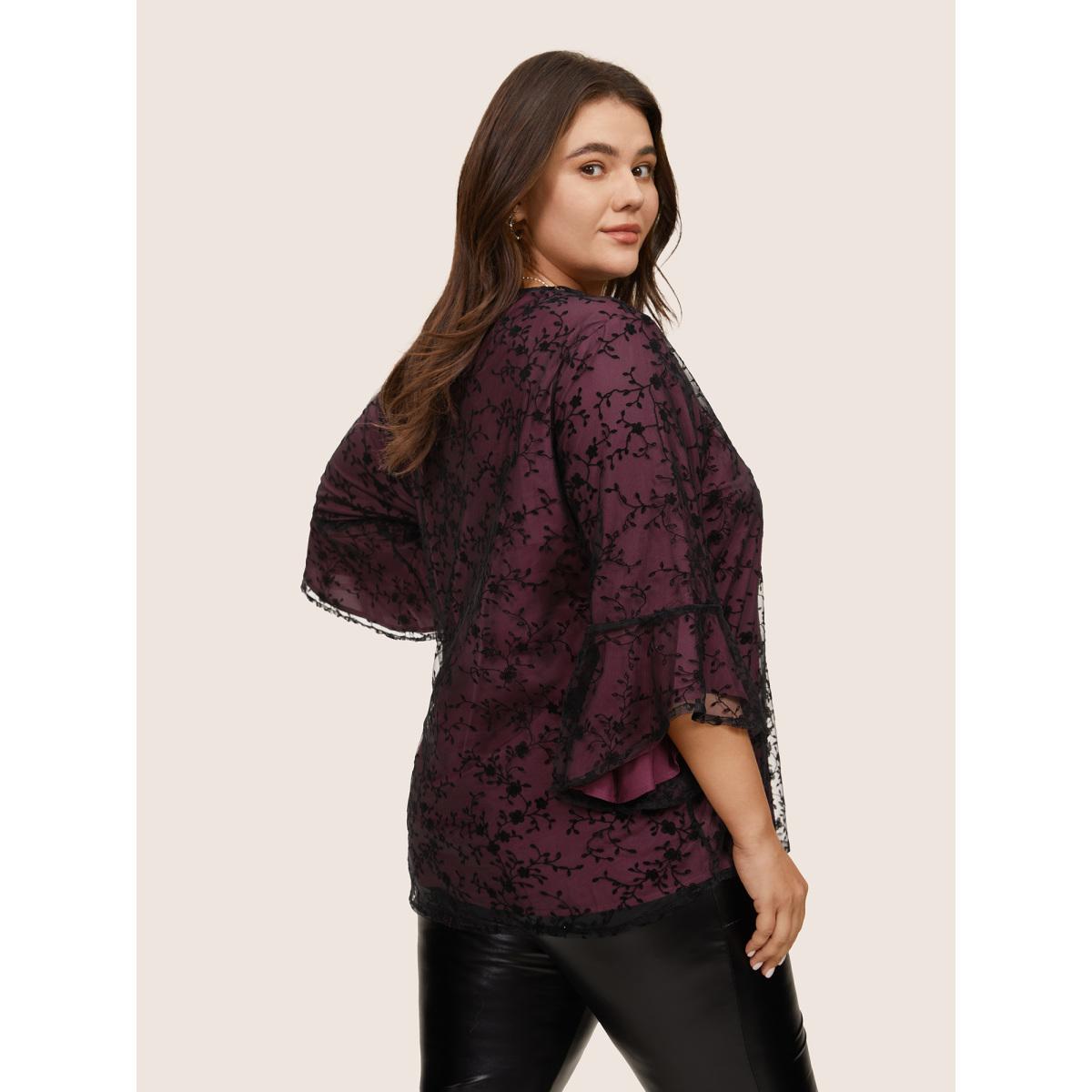 Plus Size Burgundy Crochet Lace Mesh Bell Sleeve Blouse Women Cocktail Elbow-length sleeve V-neck Party Blouses BloomChic 30/6X Product Image