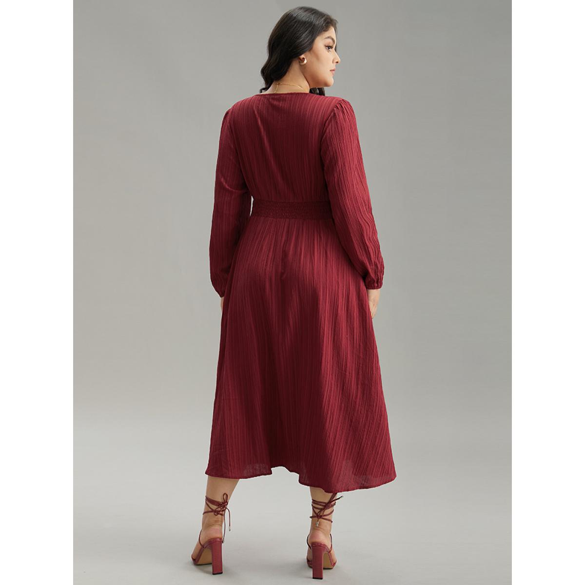 Plus Size Solid Plisse Button Detail Shirred Dress Scarlet Women Elegant Elastic cuffs V-neck Long Sleeve Curvy Midi Dress BloomChic 22-24/3X Product Image