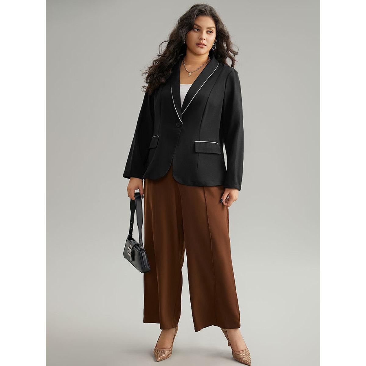 Plus Size Twill Patchwork Contrast Trim Button Up Blazer Black Women Office Plain Contrast Sleeve Long Sleeve Suit Collar 14-16/1X Office Blazers BloomChic Product Image