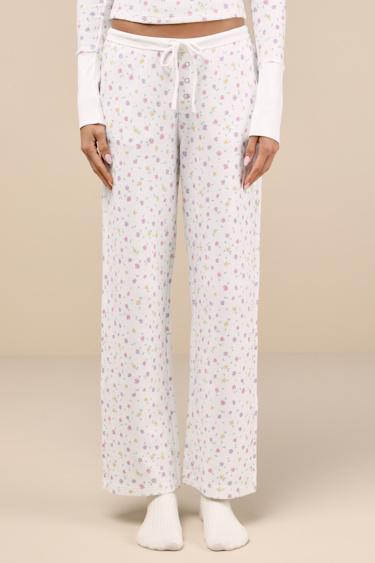 Cabin White Floral Waffle Knit Pants Product Image
