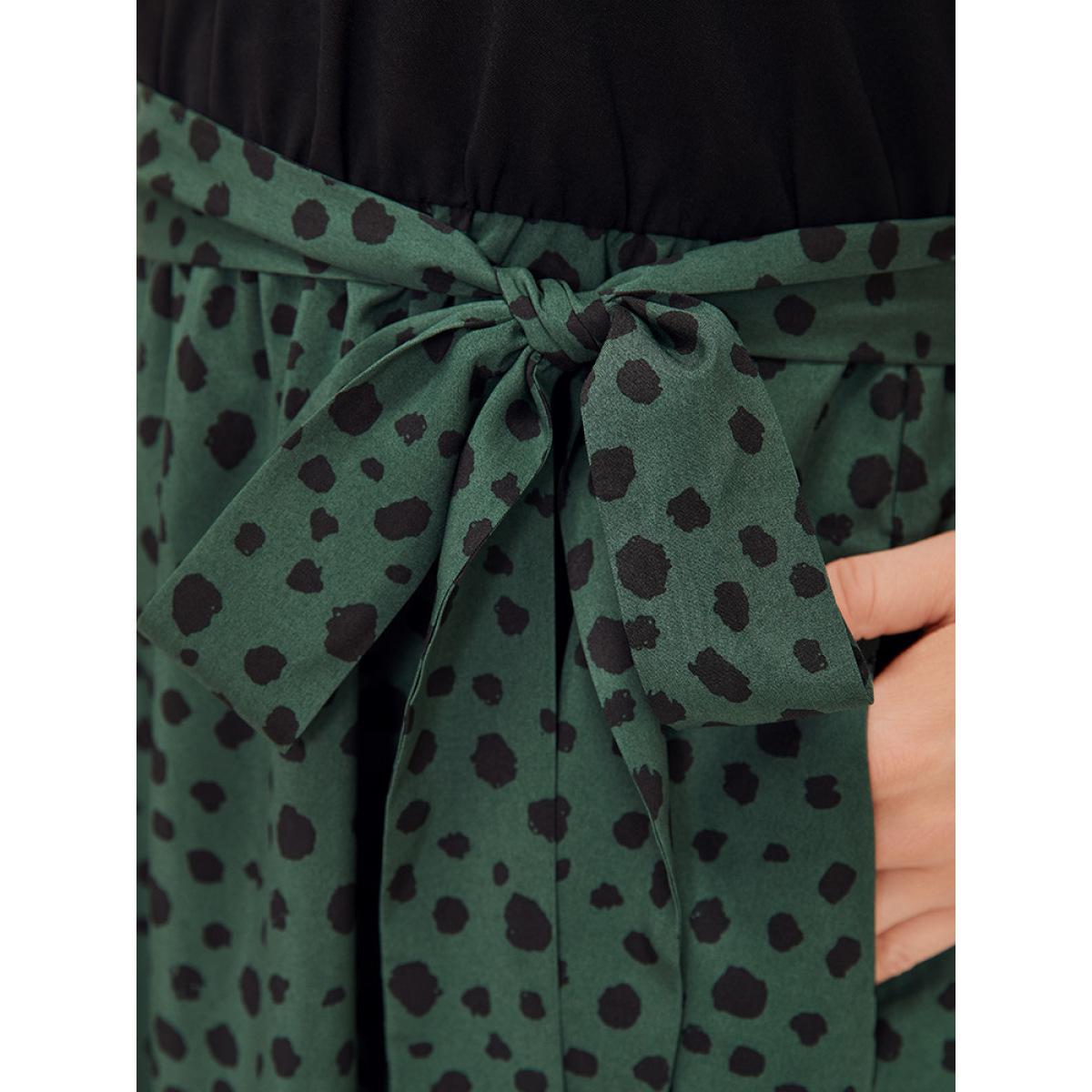 Plus Size Leopard Patchwork Pocket Belt Ruffle Dress DarkGreen Women Elegant Belted V-neck Cap Sleeve Curvy Knee Dress BloomChic 26/4X Product Image