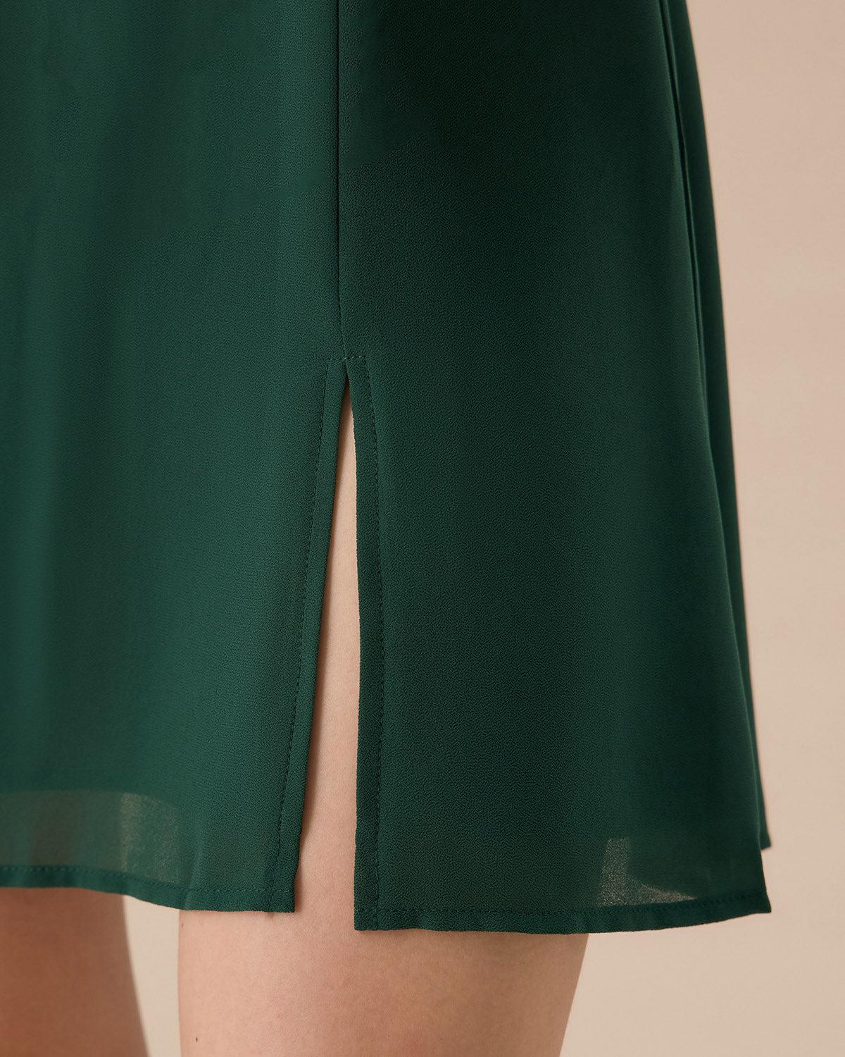 The Green Stand Collar Sheer Slit Mini Dress Product Image