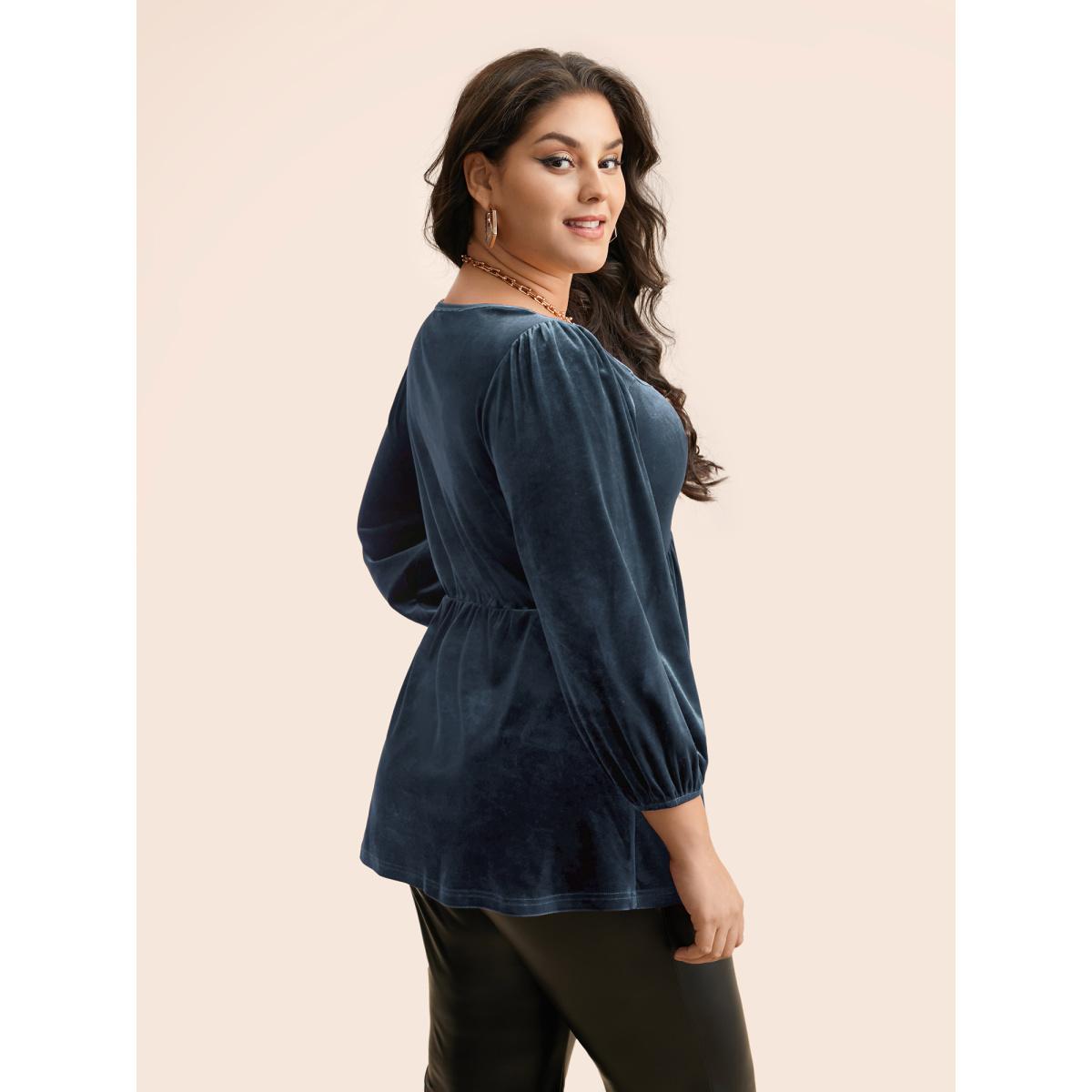 Plus Size DarkGreen Velvet Heart Neckline Gathered Blouse Women Timeless Three Quarter Length Sleeve Heart neckline Elegant Blouses BloomChic 10/M Product Image