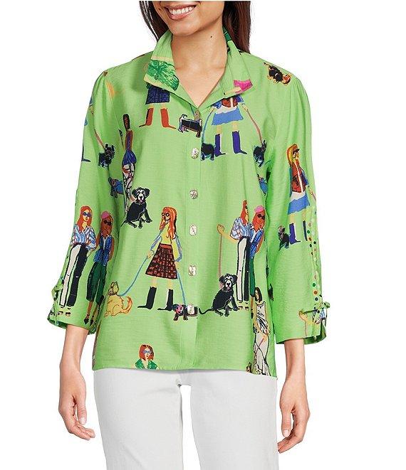 John Mark Novelty Dog Print Wire Collar Cinch Tie Sleeve Button Front Blouse Product Image