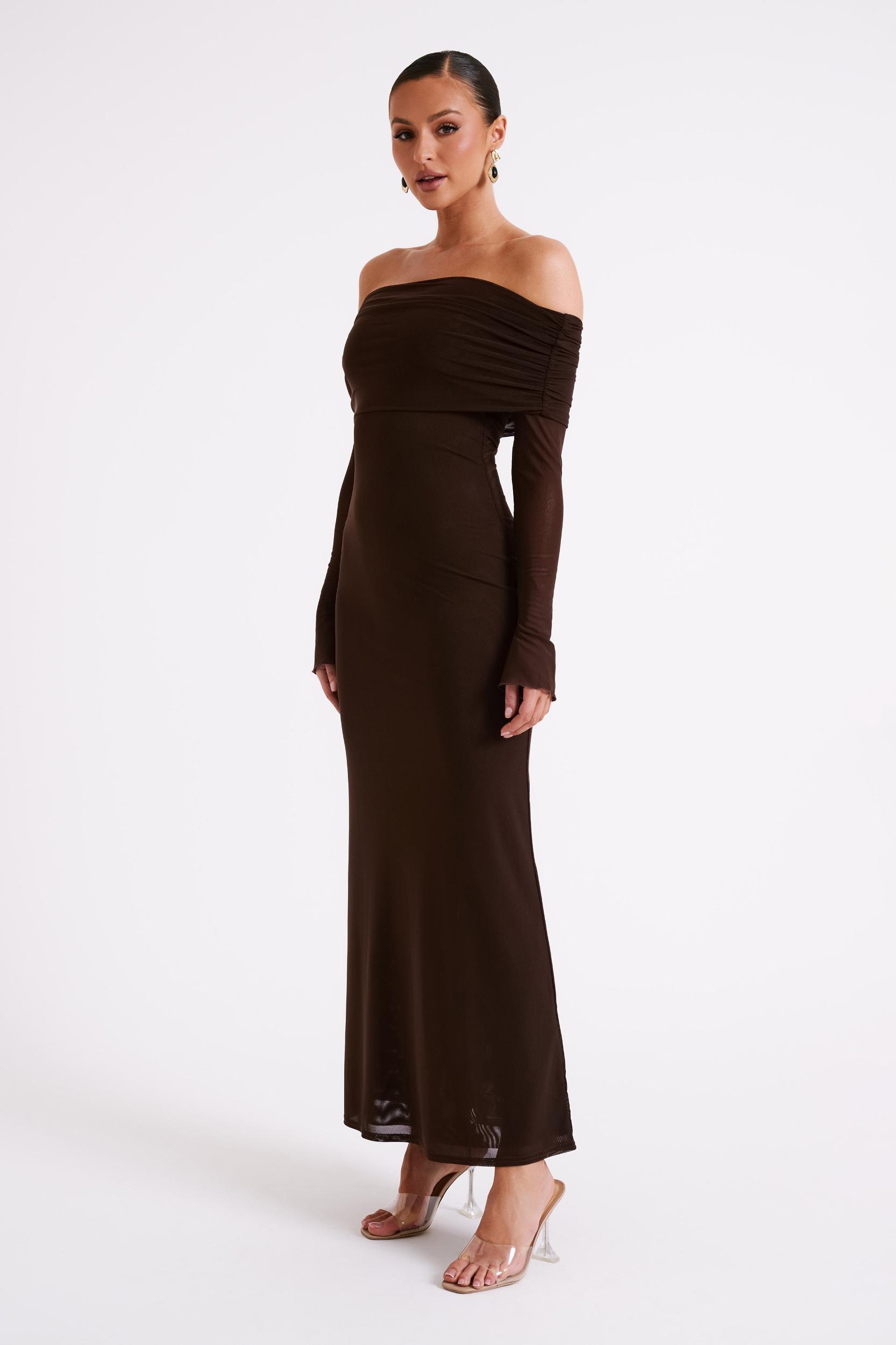 Josie Off Shoulder Mesh Maxi Dress - Dark Brown Product Image
