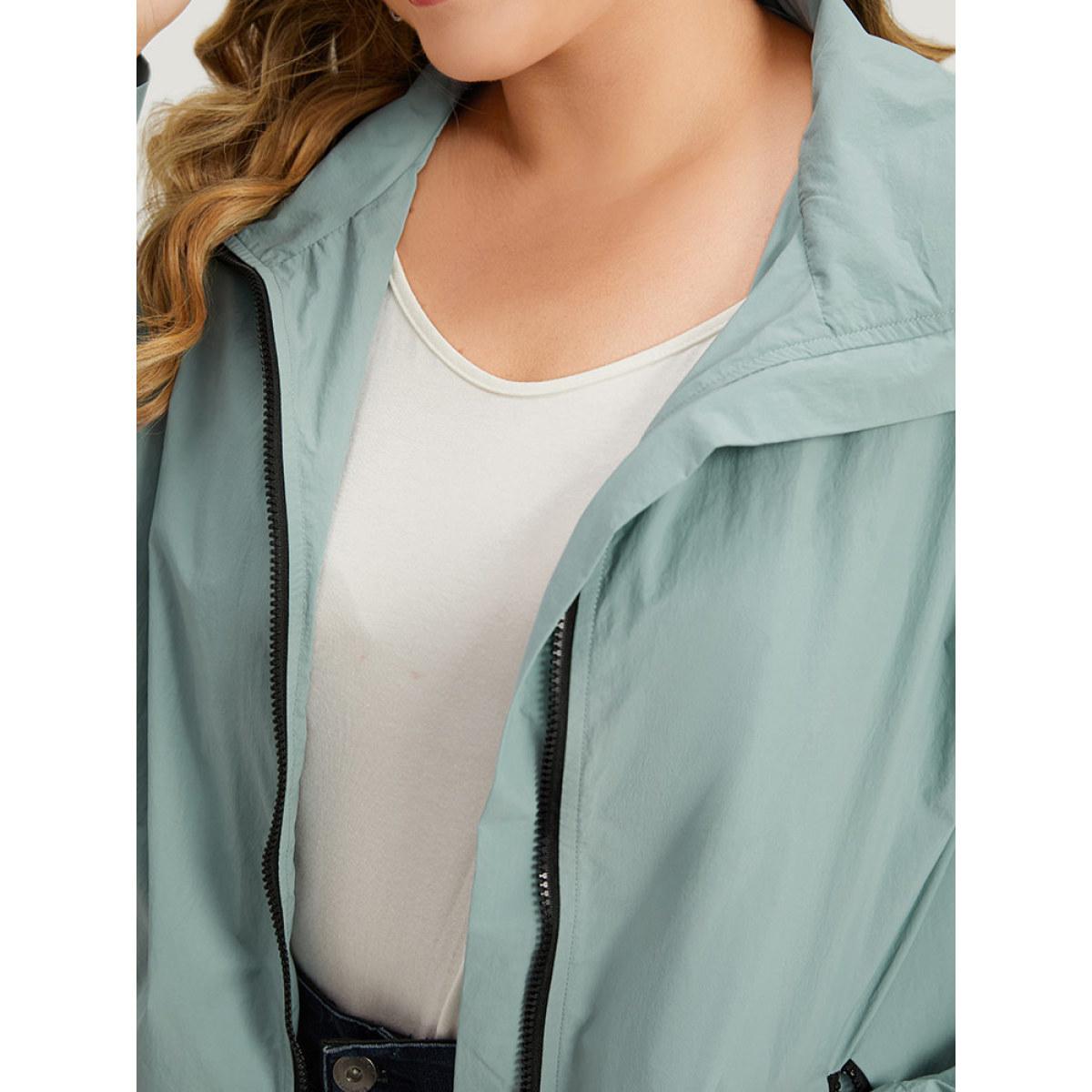Plus Size Plain Hooded Pocket Zipper Fly Jacket Women SlateGray Plain Pocket Dailywear Jackets BloomChic 28/5X Product Image