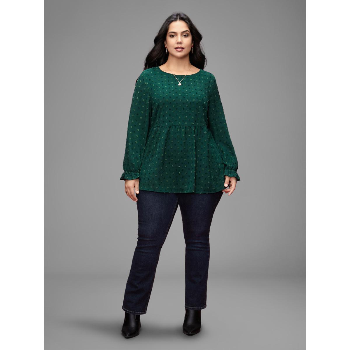 Plus Size Rust Textured Dot Elastic Cuffs A-line Blouse Women Leisure Long Sleeve Round Neck Casual Blouses BloomChic 26/4X Product Image