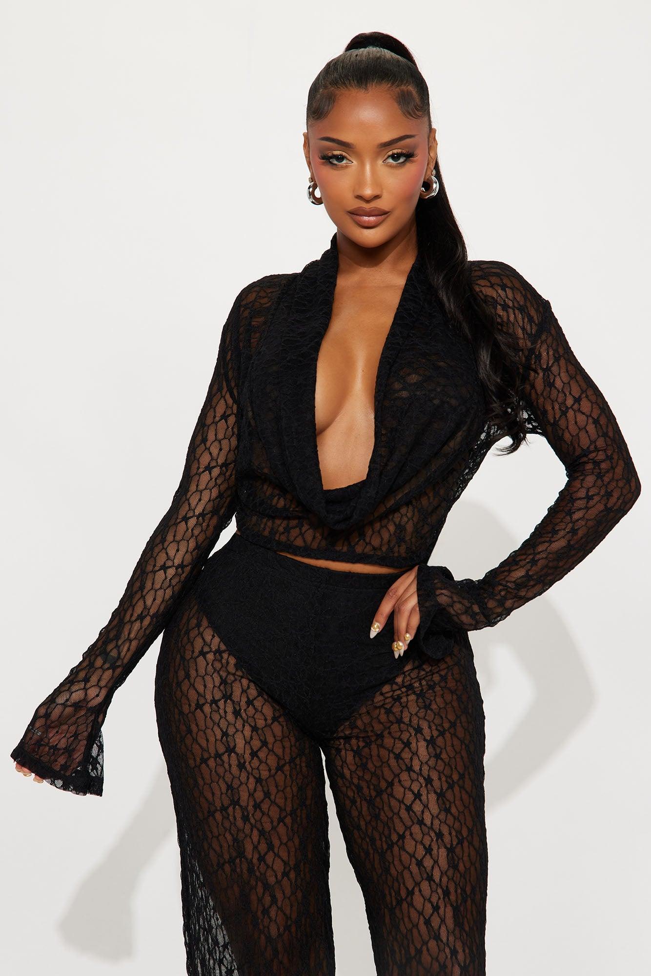 Hot Intentions Cowl Neck Lace Pant Set - Black Female Product Image