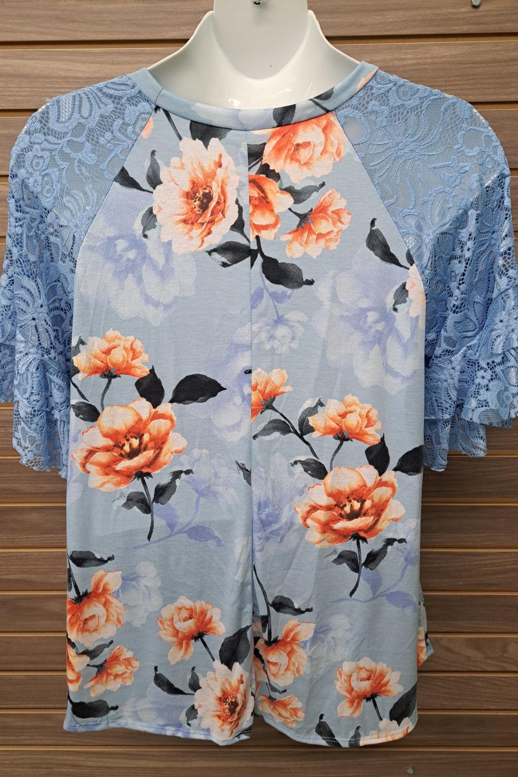 Blue Floral Lace Sleeve Top Product Image
