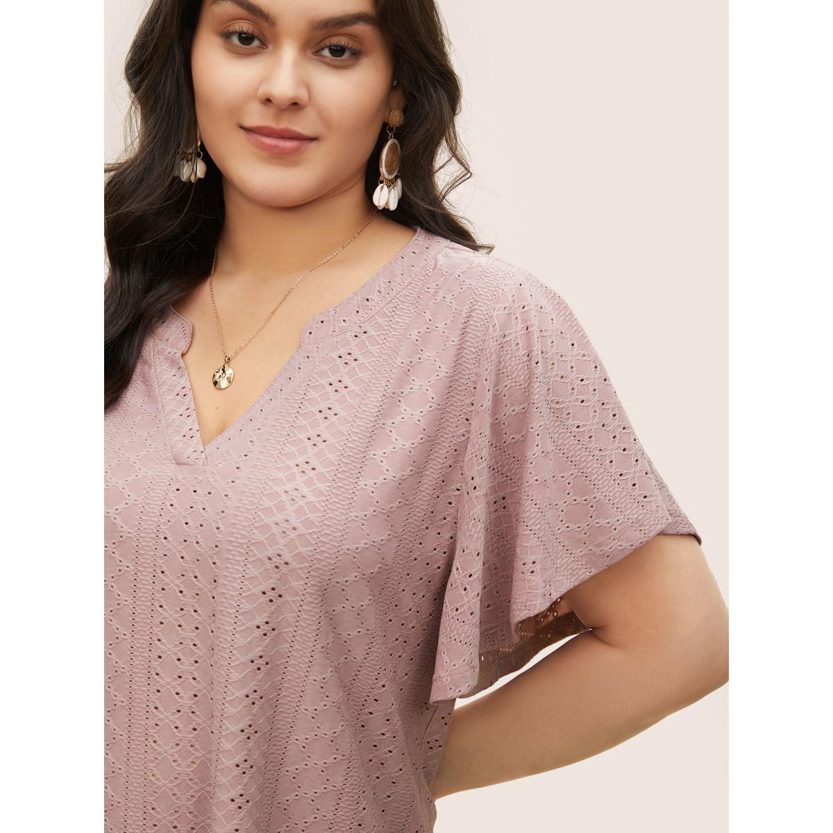 Plus Size Plisse Flat Collar With V Notch Ruffle Sleeve T-shirt DustyPink Women Elegant Flat collar with V-notch Everyday T-shirts BloomChic 26/4X Product Image