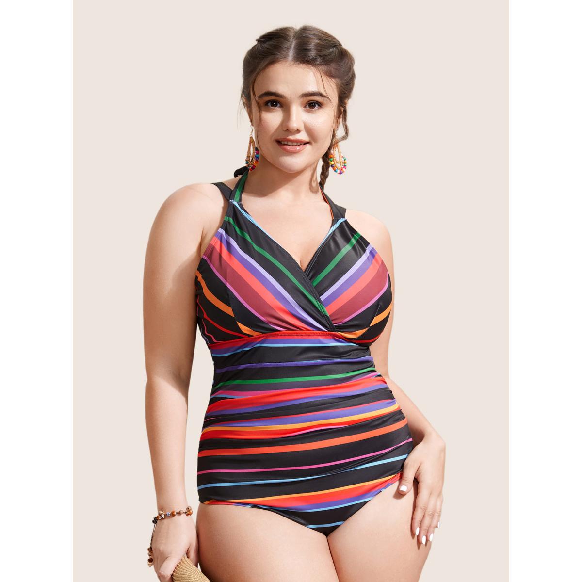 Plus Size Contrast Striped Tie Knot One Piece Swimsuit Women's Swimwear Multicolor Beach Tie knot Curve Bathing Suits High stretch One Pieces BloomChic 28/5X Product Image