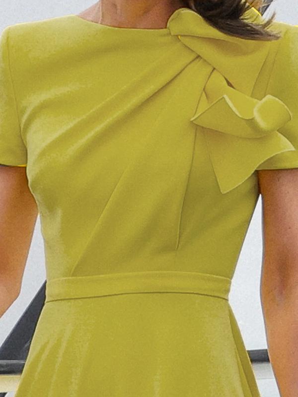 Loose Short Sleeves Pleated Solid Color Split-Joint Round-Neck Evening Dresses Midi Dresses Product Image