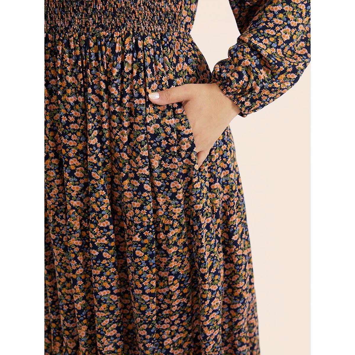 Plus Size Ditsy Floral Shirred Pocket Pleated Frill Trim Dress Indigo Women Leisure Elastic cuffs Round Neck Long Sleeve Curvy Midi Dress BloomChic 26/4X Product Image