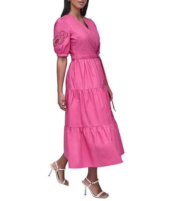 DKNY by Donna Karan Cotton Poplin Puff Sleeve Tiered Midi Wrap Dress Product Image