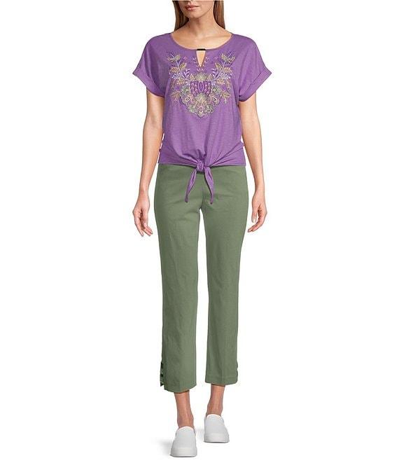 Allison Daley Embroidered Cap Sleeve Keyhole Neck Tie Front Knit Top Product Image