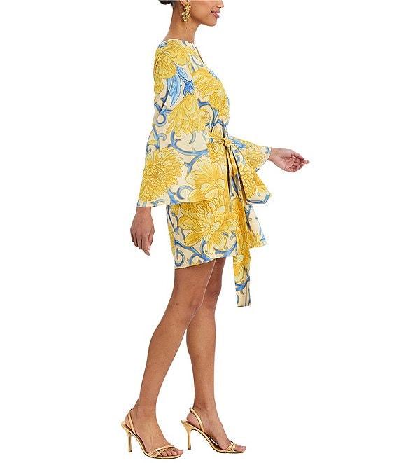 Mestiza New York Cabo Printed Twill Split V-Neck Long Bell Sleeve Caftan Mini Dress Product Image