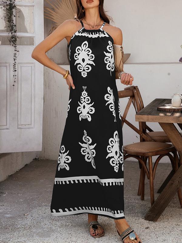 A-Line Loose Contrast Color Halter-Neck Maxi Dresses Product Image