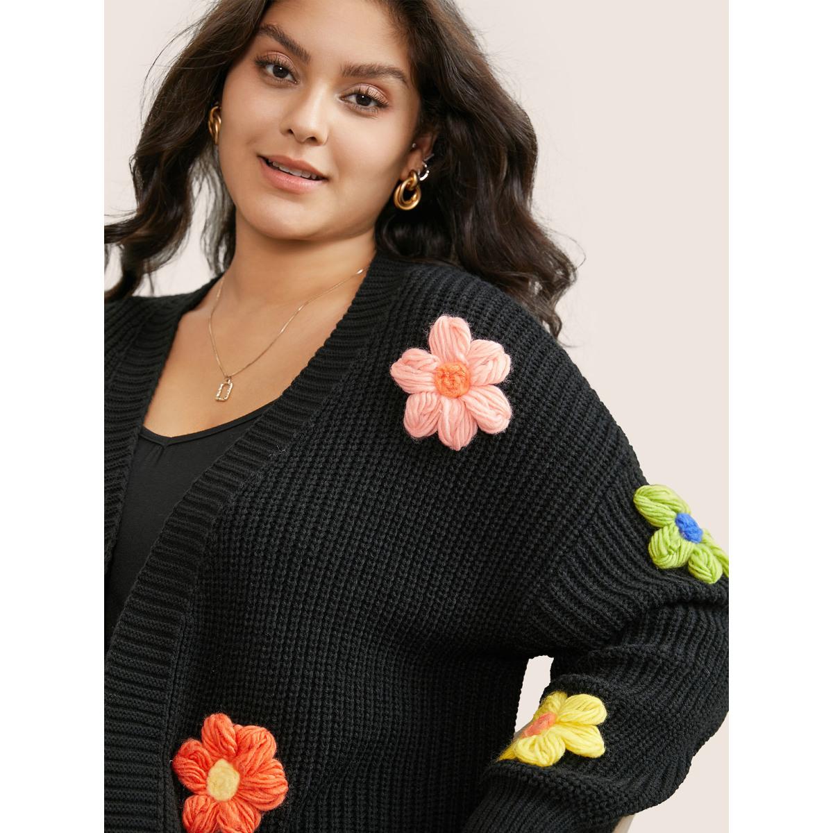 Plus Size Rainbow Floral Pocket Open Front Cardigan Black Women Playful Long Sleeve Casual Cardigans BloomChic 26/4X Product Image