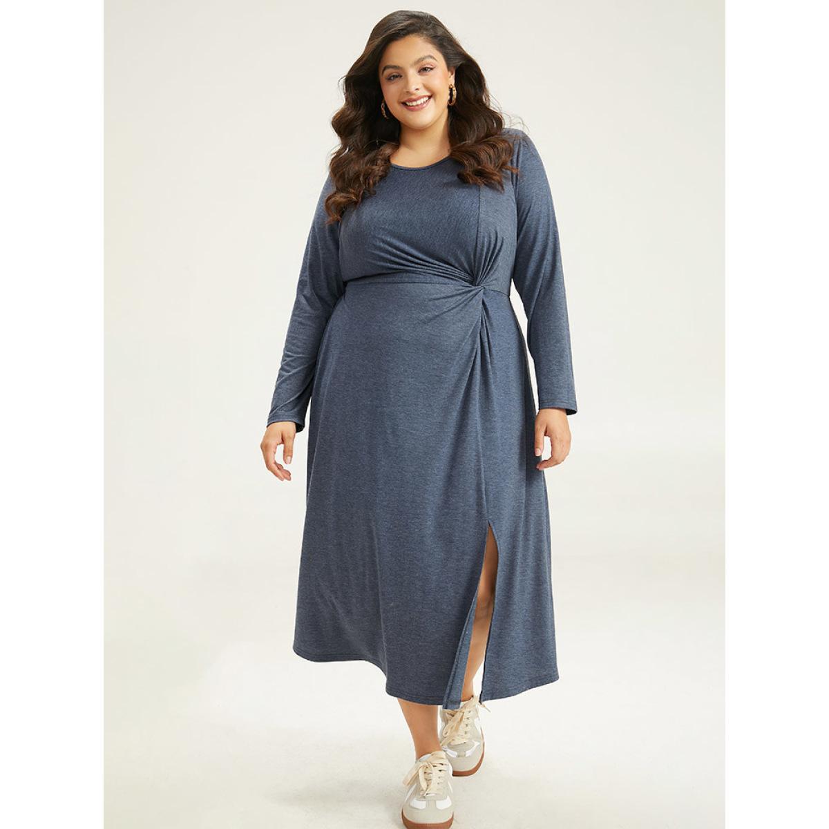 Plus Size Plain Crew Neck Twist Front Split Hem Dress Indigo Women Casual Plain Round Neck Long Sleeve Curvy Midi Dress BloomChic 30/6X Product Image