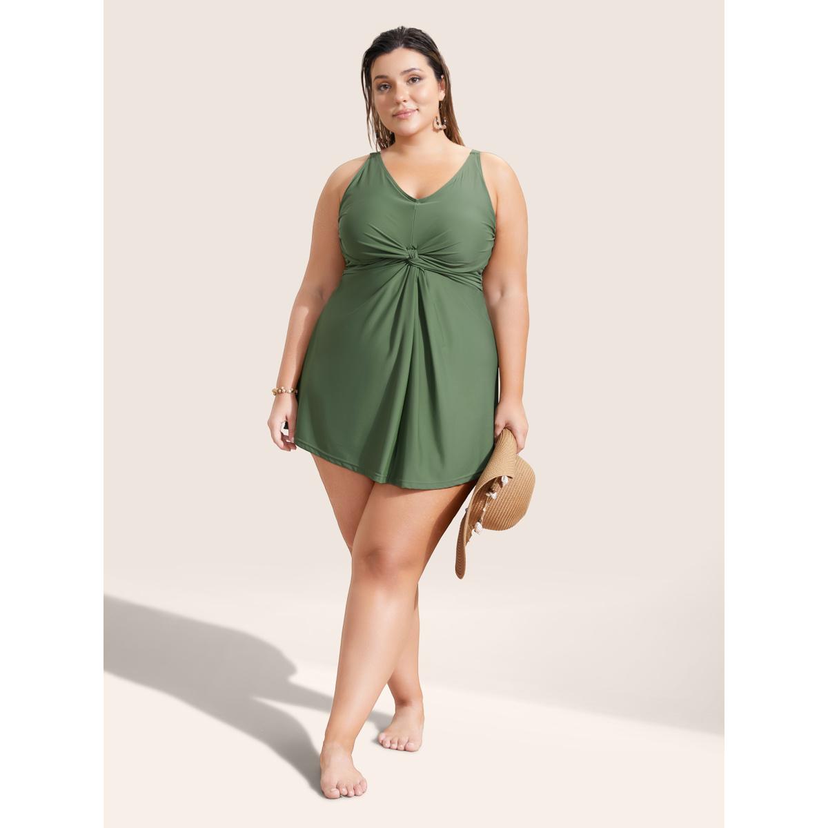 Plus Size Plain Twist Front Gathered Swim Dress Women's Swimwear ArmyGreen Beach Bodycon V-neck High stretch Curve Swim Dresses BloomChic 26/4X Product Image