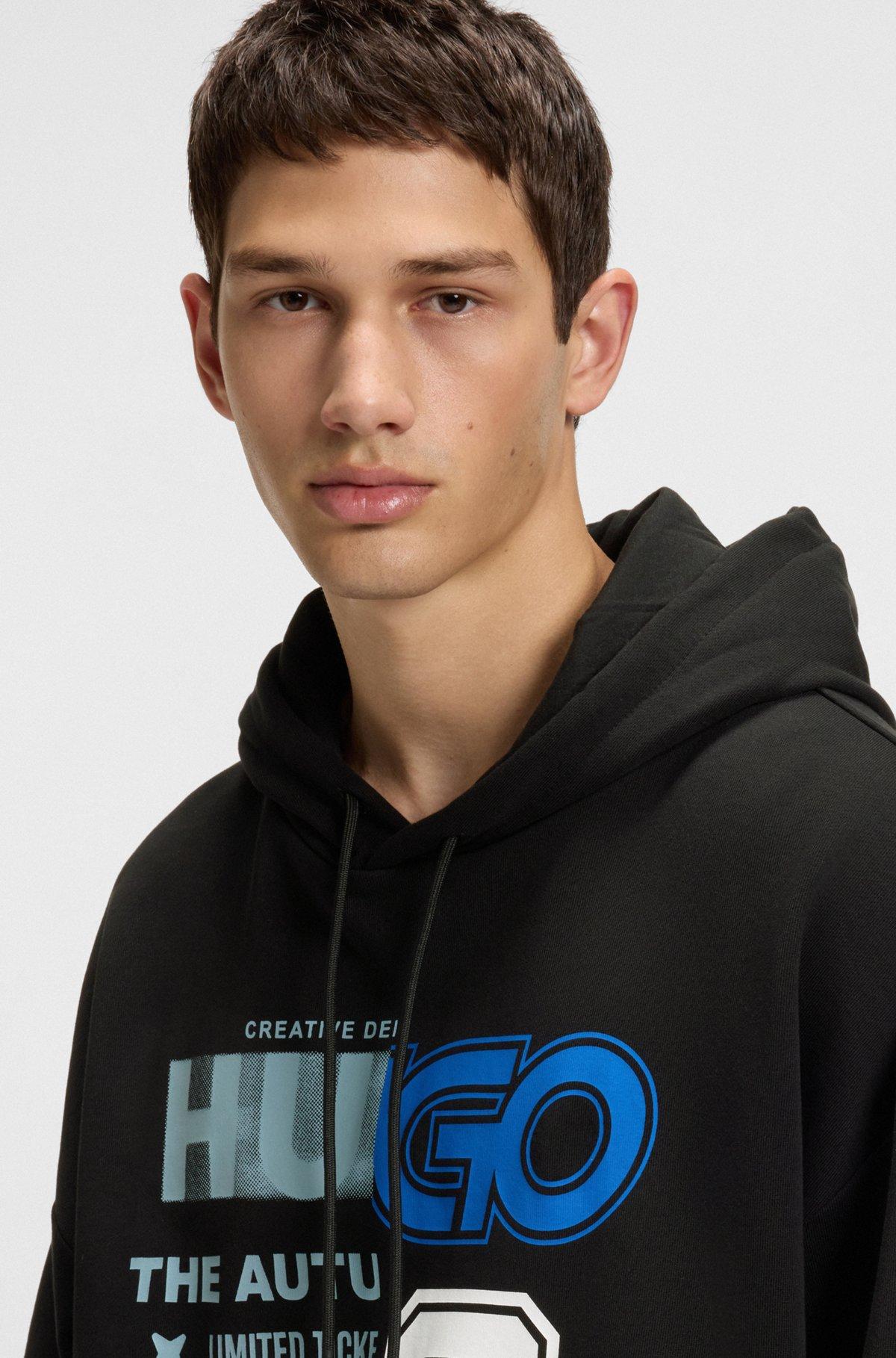 HUGO - Cotton-terry hoodie with mixed artwork print - Black Product Image