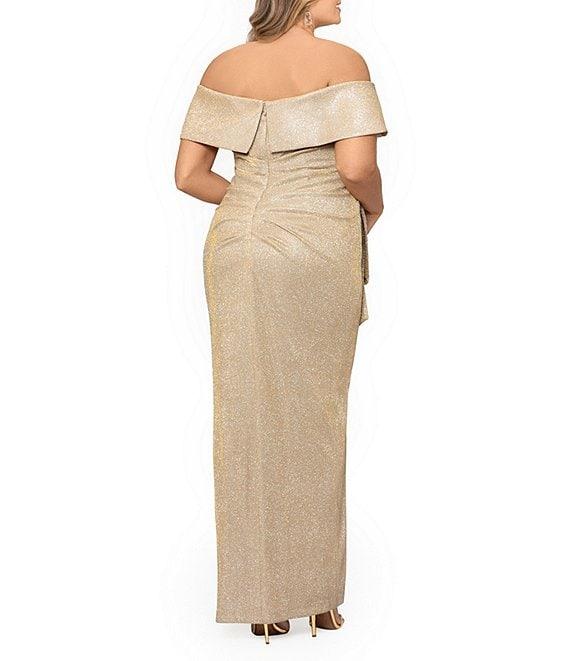 Xscape Plus Size Glitter Metallic Off-The-Shoulder Short Sleeve Gathered Ruffle Side Slit Sheath Gown Product Image