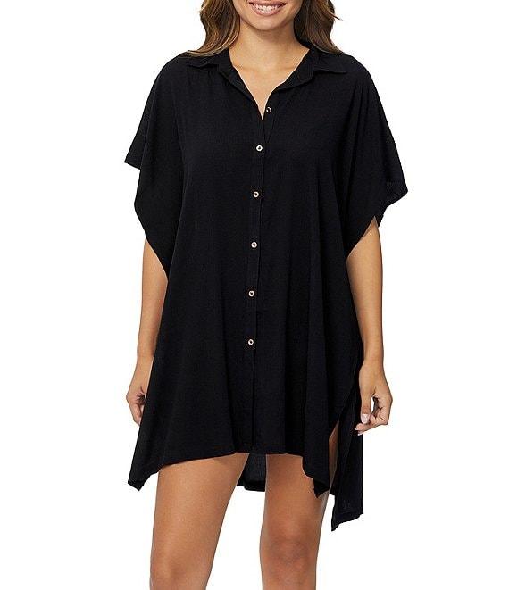 Raisins Solid Vacay Point Collar Button Front Shirt Swim Cover-Up Product Image