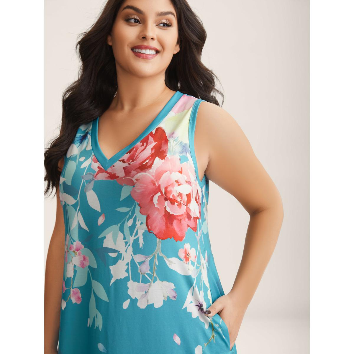 Plus Size Stretchy Breezy Floral A-Line Midi Dress Emerald Women Leisure Knit Dresses Bloomchic 22-24/3X Product Image