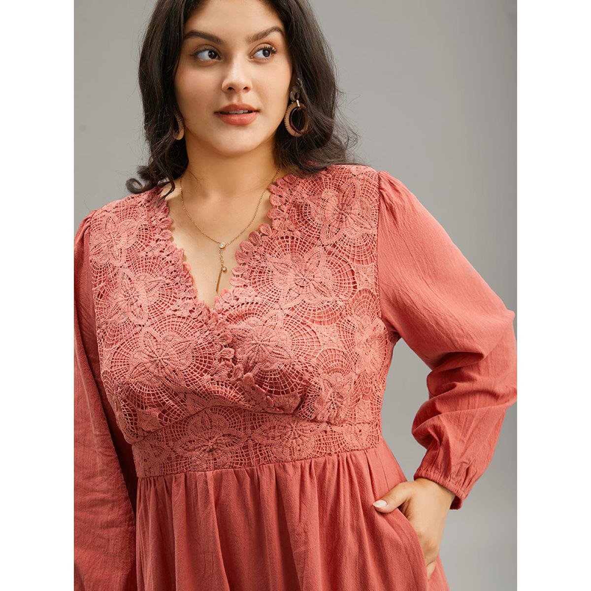 Plus Size Solid Lace Panel Wrap Patchwork Dress Rust Women Vacation Elastic cuffs V-neck Long Sleeve Curvy Midi Dress BloomChic 14-16/1X Product Image