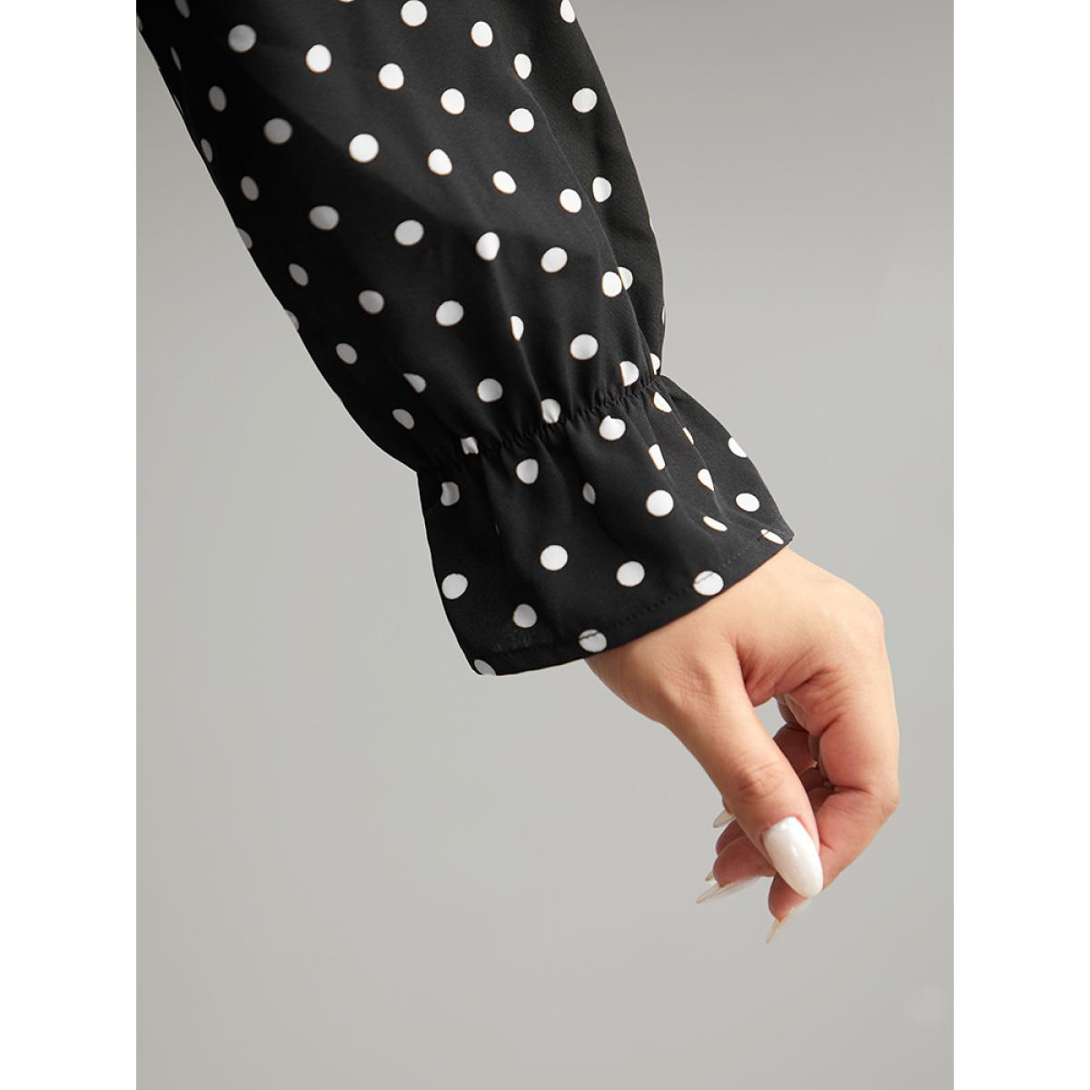 Plus Size Black Polka Dot Lace Up Shirred Flutters Blouse Women Office Long Sleeve V-neck Office Blouses BloomChic 22-24/3X Product Image
