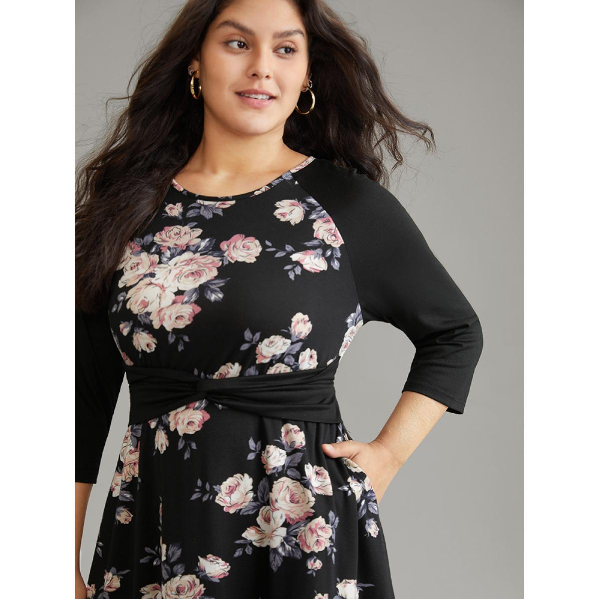 Plus Size Floral Twist Front Patchwork Raglan Sleeve Dress Black Women Elegant Contrast Round Neck Elbow-length sleeve Curvy Midi Dress BloomChic 14-16/1X Product Image