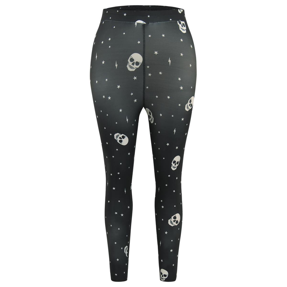 Plus Size Halloween Skull & Star Print Elastic Waist Leggings Women Black Elegant High stretch Skinny High Rise Festival-Halloween Leggings BloomChic 10/M Product Image
