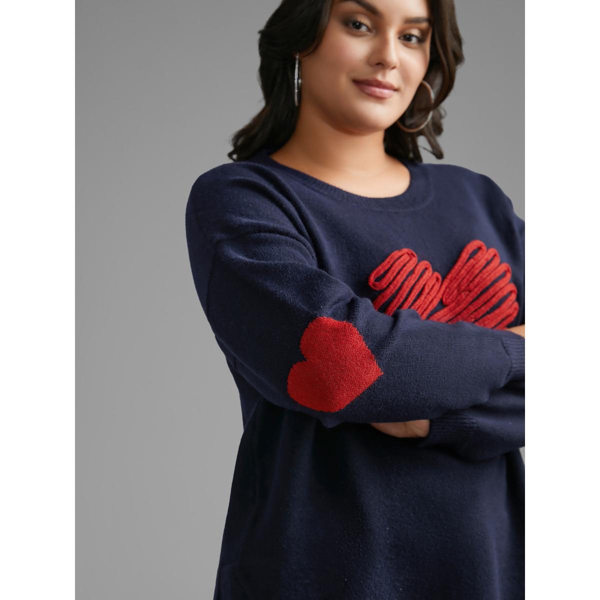 Plus Size Supersoft Heart Pattern Cardigan Indigo Women Casual Loose Long Sleeve Round Neck Everyday Pullovers BloomChic 26/4X Product Image