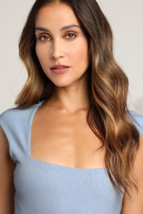 Sweet Crush Light Blue Ribbed Square Neck Bodysuit Product Image