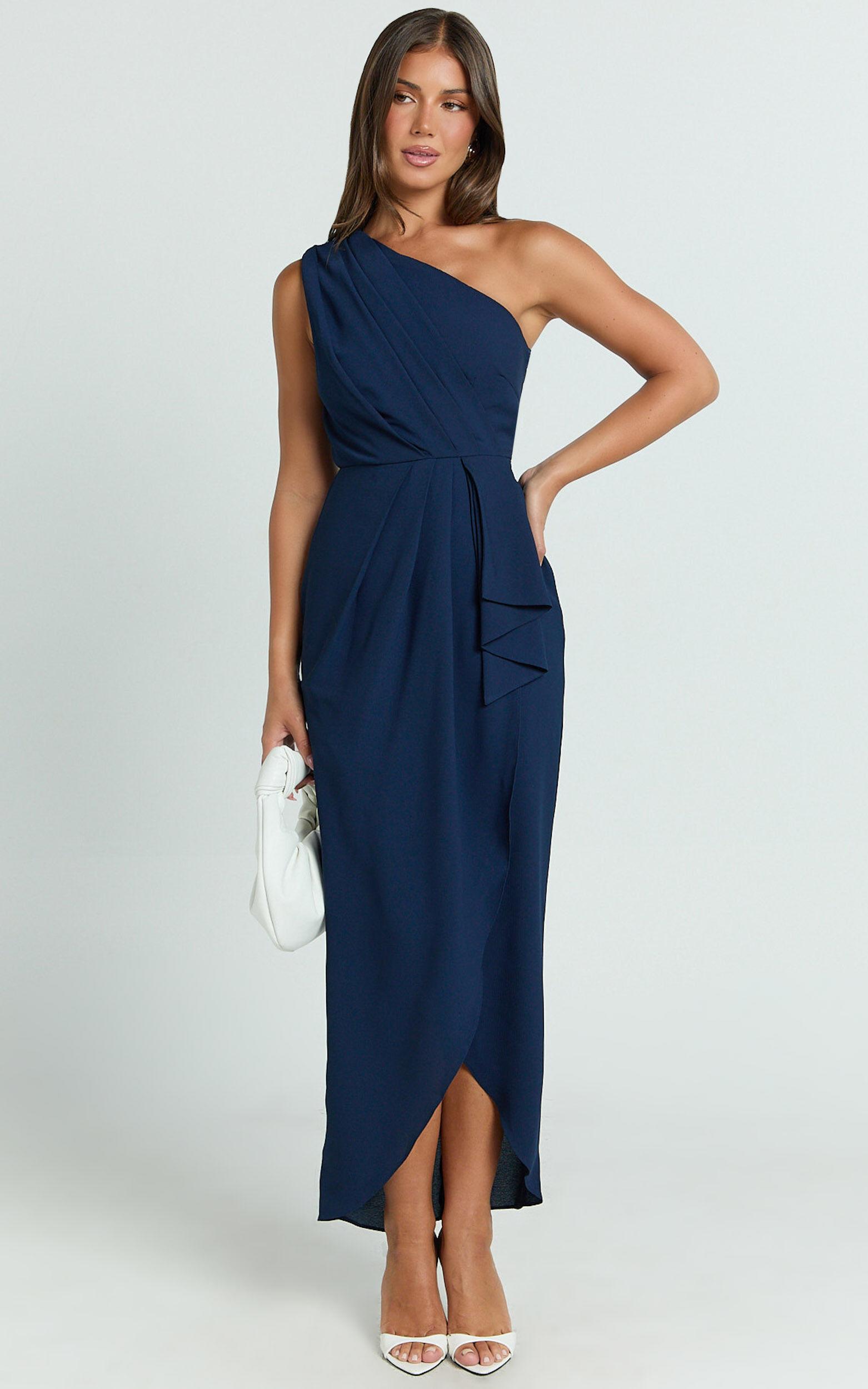 Namaari Midi Dress - Faux Wrap One Shoulder Dress in Navy Product Image