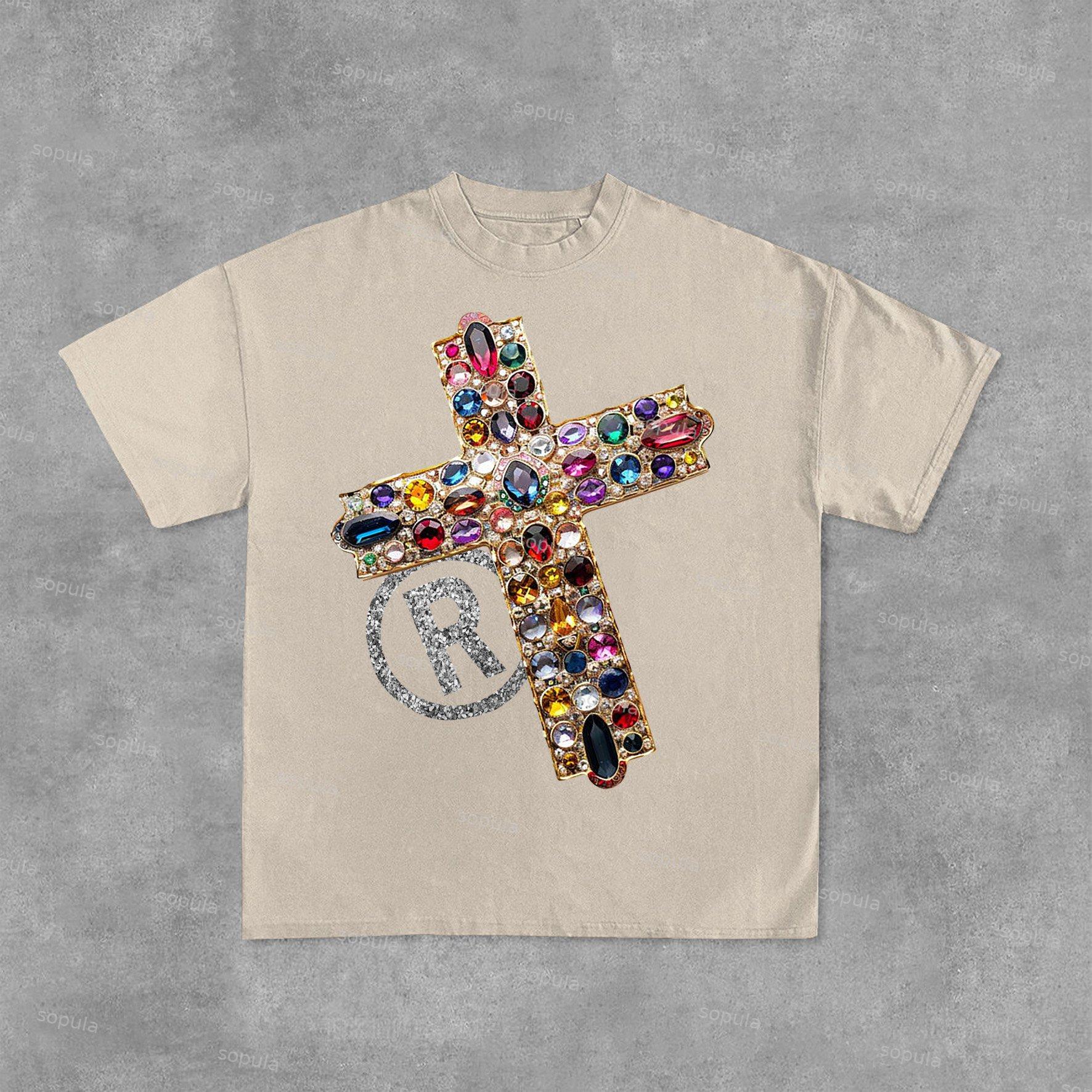 Vintage Diamond Cross Graphic Print Casual Cotton T-Shirt Product Image