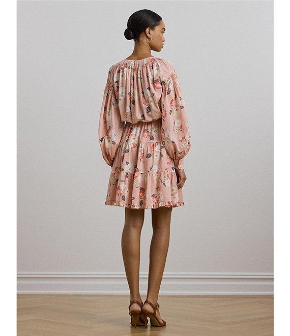 Lauren Ralph Lauren Voile Floral Print V-Neck Long Sleeves Tiered A-Line Dress Product Image