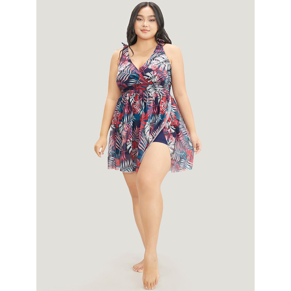 Plus Size Tropical Print Bow Sculpt Waist Split Swim Dress Women's Swimwear Red Vacation Bodycon V-neck High stretch Curve Swim Dresses BloomChic 22-24/3X Product Image