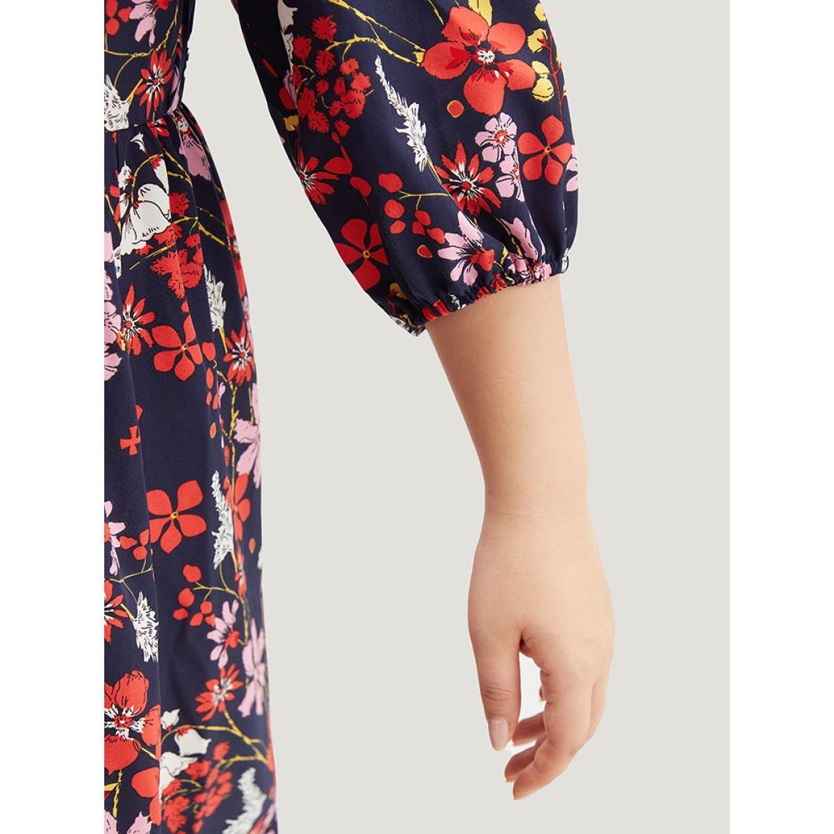 Plus Size Floral Print Shirt Collar Ruffled Hem Dress DarkBlue Women Elegant Elastic cuffs Shirt collar Elbow-length sleeve Curvy Midi Dress BloomChic 14-16/1X Product Image