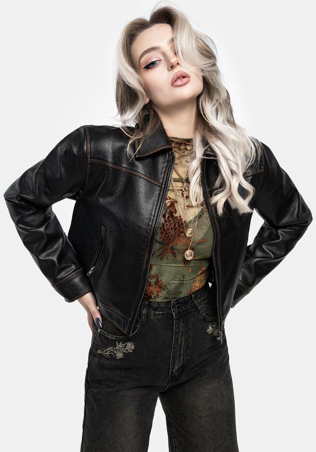 Ermania Crop Faux Leather Jacket Product Image