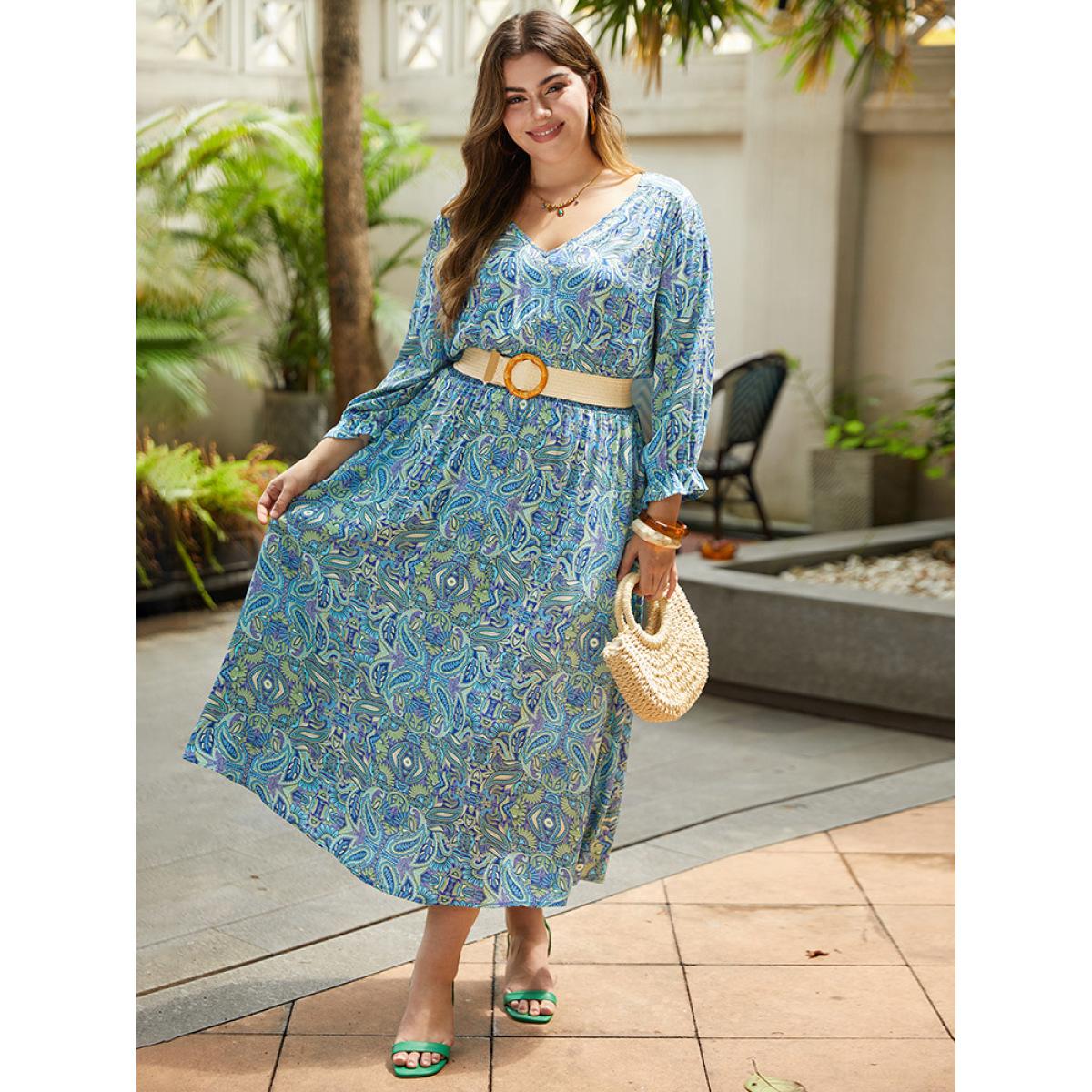 Plus Size Paisley Print Shirred Flutter Trim Dress Blue Women Resort Elastic cuffs V-neck Long Sleeve Curvy Midi Dress BloomChic 30/6X Product Image