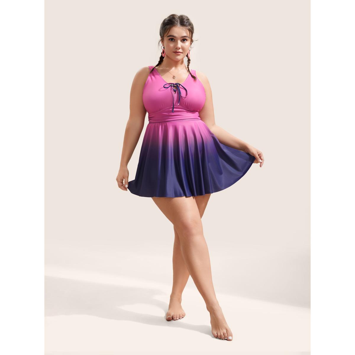 Plus Size Ombre Contrast Ruched Lace Up Swim Dress Women's Swimwear RedViolet Beach Bodycon V-neck High stretch Curve Swim Dresses BloomChic 18-20/2X Product Image